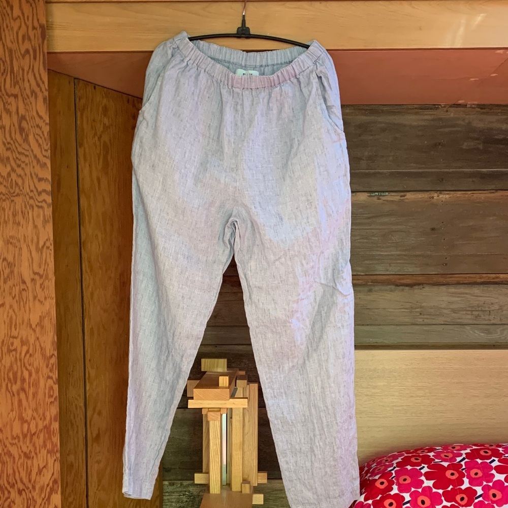 Flax Light Blue Taper Linen Pants w Elastic Waist